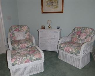 Pair of White Wicker armchairs with ottoman, White Wicker 3 drawer chest 