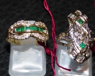 14K gold rings with diamonds & emeralds