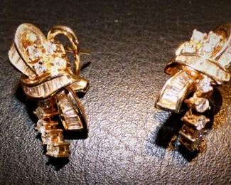 14K gold earrings with channel-set diamonds plus dangle
