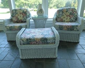 2nd set of white wicker armchairs with ottoman