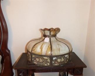 Vintage Slag Glass Lamp Shade (2 panels as is), antique treadle Singer sewing machine