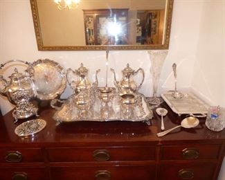 Silver Plate Sheridan Tea Set, Tilting Coffee Pot, serving trays, etc