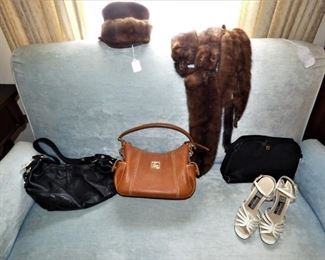 Designer purses :  Dooney & Bourke leather purse, Aigner purse, Givenchy vintage high heel shoes, Mink Scarf, vintage hat with mink trim.