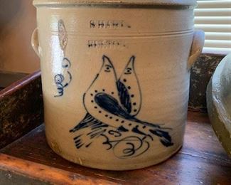 Rare, double lovebird three gallon crock by "S. Hart, Fulton". Has spider crack, etc. on back side.