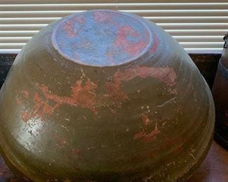 Large beehive wooden bowl in old paint over original salmon.  