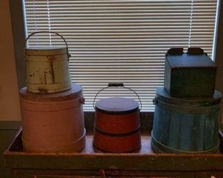 We have firkins, and more firkins, storage boxes, etc. , all in original surface paint: salmon, ecru, red, blue, green  and some in old surface patina.