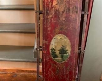 Old red paint with landscape scene Victorian era sled.