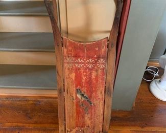 Adorable "bluebird" painted on red Victorian era sled.  All original.
