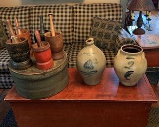 Grain painted blanket box with decorative base in original surface.  Large round gray blue painted storage box.  This is one of the largest I've seen.  Several mortars and pestles in great paint.  Just two examples of  the "LYONS" stoneware pieces.