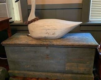 Early original surface blue grey color blanket box.  Primitive style swan.