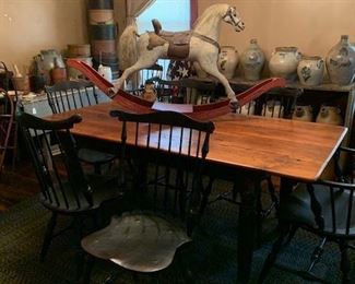 Farm table made by John O'Brien.  Black painted base with pine finished top.  Approximately 6 ft. + X 37 " wide.   Set of Six Windsor style chairs made by Lawrence Crouse.  The rocking horse is very early.   Please ask for more pictures.  As we work through items we will be staging items better so I can get better images.  For now, I just wanted to give you a flavor for what great treasures are in this sale!