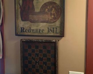 Contemporary "d. spinner, Redware 1811" advertising sign.  EARLY Gameboard in original black and red surface paint.  I will try and get better image of gameboard.  This is one of a few other gameboards being offered.  I will post when we get to that room. 
