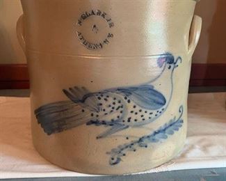"N. Clark, Jr., Athens, NY, 4" crock with large bird blue decoration!  