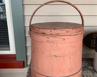 Fabulous salmon dry surface paint on this large firkin.(bottom one for your stack)