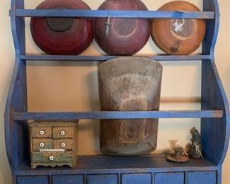 This outstanding replica wall hanging bowl rack and spice apothecary was made and painted by John O'Brien.  The early wooden bowls and trencher are in dry painted surfaces.  One of the sweetest painted three drawer "spothecary's" in sale. 