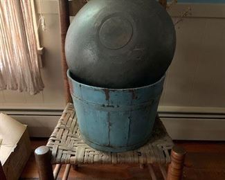 Early primitive splint seat chair.  Wonderful blue wooden bucket; and old bowl. 