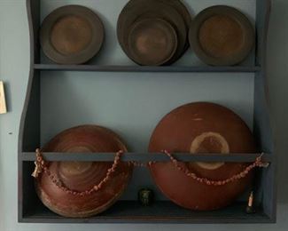 Bowl rack made by John O'Brien.  Wooden contemporary plates. OLD bowls with original paint.