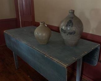 Antique harvest table in a wonderful blue color.  Stoneware pieces follow with separate photos and descriptions. 