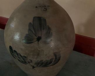 "N. Clark, Jr." 3 gallon jug with an exceptional large blue decoration. Probably made at the Clark, Athens, NY pottery. 