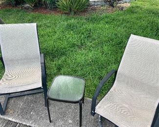 Outdoor Chairs and Side Table. 2 sets available