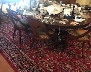 Banquet table - Mahogany with three leaves - seats about 12 - maybe more if everyone's on a diet - circa 1840 - great condition - wool rug - big, really big...