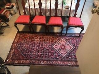 Great rug - wool, Persian, hand-knotted, great colours. Set of four Queen Anne-style side chairs or dining chairs