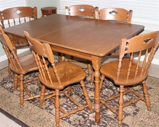 S. Bent Bro’s Colonial Maple Side Chairs (set 5 side chairs & 1 arm chair)and Formica Top Table (47” x 36”) with  5 1/2” Leaf.  Samarkand Brown Pattern Area Rug (7’10” x 5’3”)