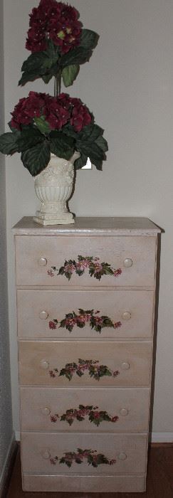 Vintage White 5-Drawer Floral  Hand Painted Lingerie Chest (34.5”H x 21”W x 12”).  Silk Hydrangea Topiary Tree in White Urn Planter 