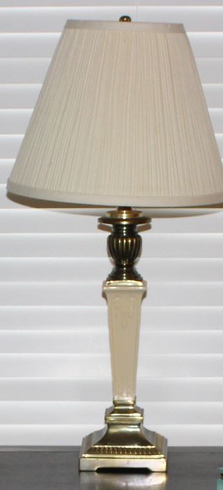 Cast Brass Ivory Enamel Column Table Lamp with pinched pleated shade