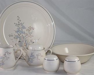 NorItake “Kilkee” Serving Pieces: Chop Plate, Cream & Sugar w/Lid, Vegetables Bowl and Salt & Pepper Shakers