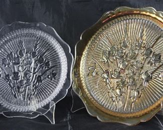 Jeanette Glass Company Iris and Herring Bone:  Clear Glass Dinner Plate and IridescentSandwich/Cake Plate  