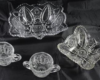 Indiana Glass Co Early American Press Cut Retangular Bowl and Square Bowl. Imperial Glass Co Early American Press Cut Creamer and Open Sugar Bowl.