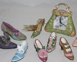 Collection of Miniature Shoes and Enamel Metal Purse Frame with Shoe Ornament