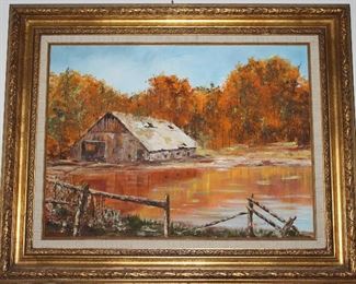 Original Oil on Canvas by Bert Needley Autumn Rural Old Barn Landscape(31 1/2“ x 25 1/2”)