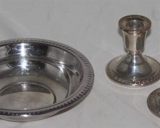 F.B. Rogers Silver Plate Bowl (6.5”D) Sterling Candlesticks