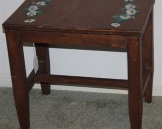 Walnut Depression Era Bench/Table  W/Hand Painted Daisy (18”H x 19.5”W x 13”D)