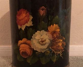 Vintage Black Tole Painted Roses Trash Can