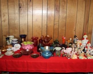 POTTERY, CARNIVAL GLASS, CHALKWARE, MINI PORCELAIN ANIMALS, VINTAGE COLLECTABLES