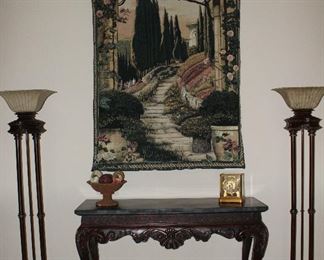 Beautiful Garden Path Wall Tapestry shown over Rosewood Console Table with 2 Torchiere Floor Lamps
