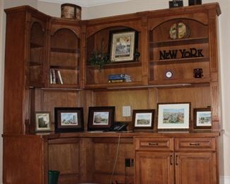 Build-in Cabinet/Desk showing various decor items and Frame Prints