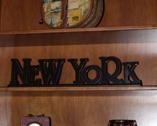 Small Decorative Travel Case, Wood New York Standing Desk Plaque, Clock and Bead & Crystal Embellished Red Glass Vase