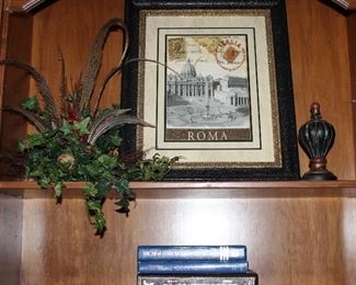 "Roma" Rome Italy Stamp PrintDoubled Matted & Framed (18.5” x 22.5”), Silk Floral & Feather Arrangement , Finial Decor, books, etc.