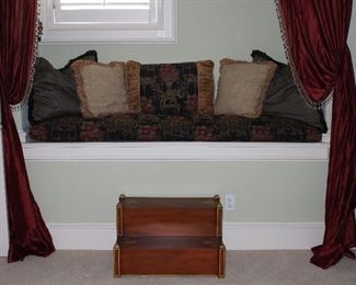 Window Seat with Custom Cushion and Pillows. Empire Style Steps Hand-Painted Burgundy with Gold Accents (26.5”W x 16.5”H x 17.5”D)