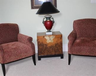 Southwestern Furniture Co. Ted Chenille Custom Game Chairs (2 of 4 shown). Also Pictured: Oriental Style “Butterfly” Chest and Red Urn Style Table Lamp with Black Lamp Shade (30”H)