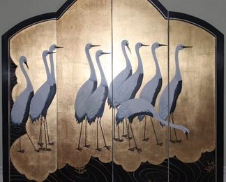 Oriental 4 Panel Wall Screen 19th Century Japanese Inspired Hand Painted Cranes on a Hand Rubbed and Lacquered Back Ground. (47”W x 48” Center Height)