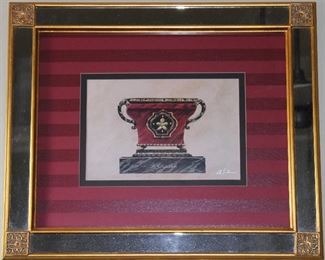 Paragon Picture Gallery “French Cachepot IV” by Artist B Sykes c.2002 Print (16 x 20). Burgundy Shadow Stripe 4”Double Mat in a Mirrored Gold Leaf Frame