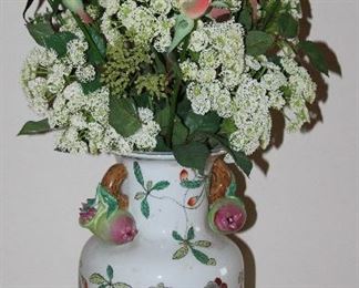Porcelain Hand Painted Fig Handle Vase (13”H) w/ Silk Roses Arrangement (1 of 2 shown)