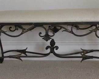 Wrought Iron Scroll Bench with Ecru Brocade Upholstery (21”H x 50”W x18”D)