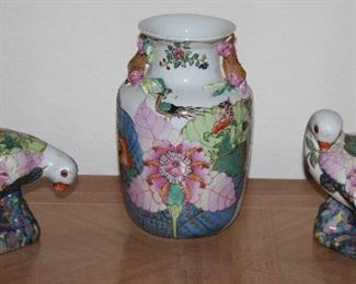 Hand Painted Floral Vase W/Peacocks (8.5”H) and Doves(6.5,W x 5.5”H)