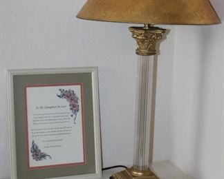 Crystal Corinthian Column Table Lamp with Gold Shade (30”), Hand Painted Trinket Porcelain Box and Framed Daughter-In-Law Verse Print (12” x15”)